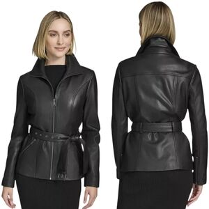 Kenneth Cole Women's Black Belted Faux Leather Jacket Size XLarge